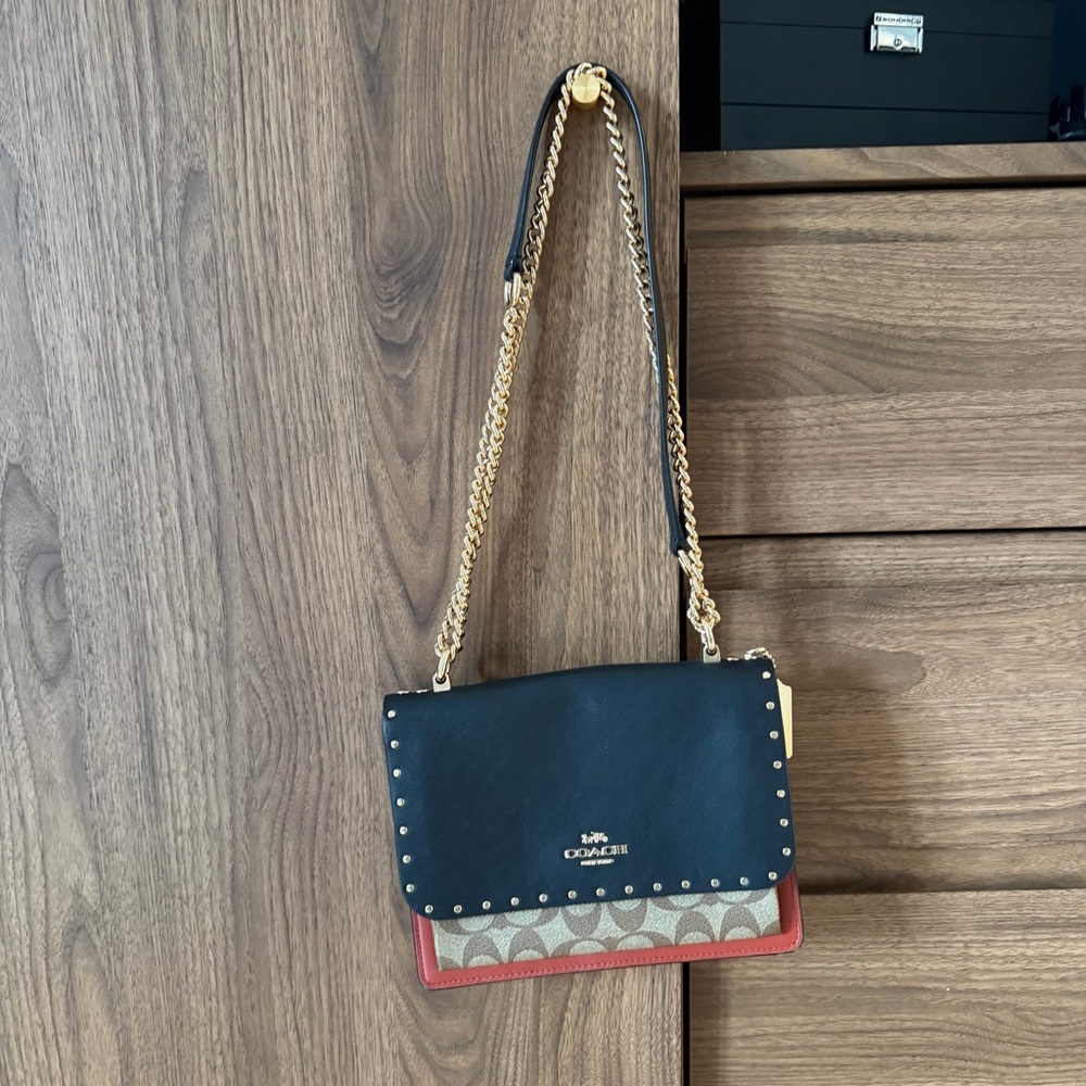 Coach Black Leather and Signature Canvas Chain Shoulder Bag
